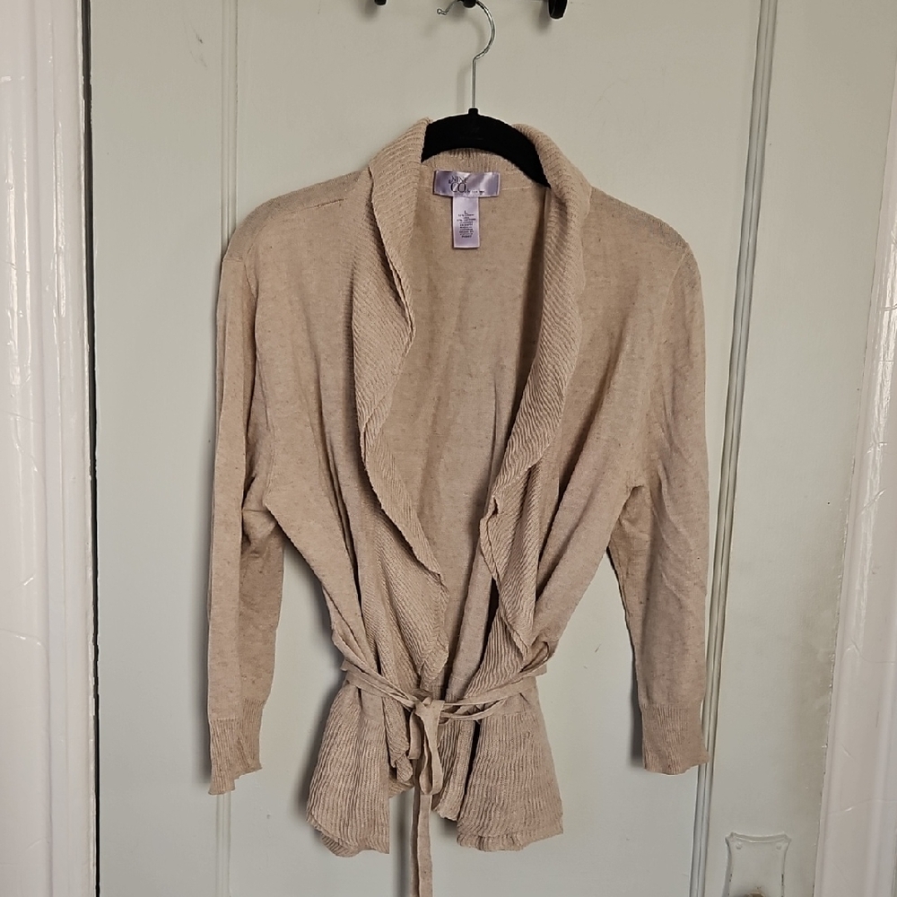 Beige Knit Ruffled Cardigan with Belt - L